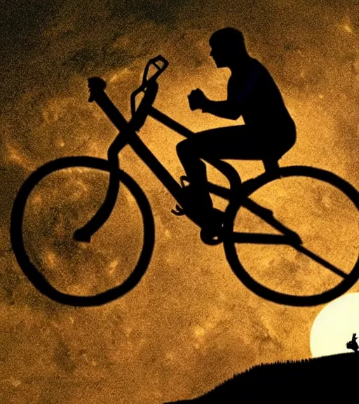 Prompt: the hulk is riding a flying bike across the full moon as silhouette, from the movie e. t. the extra terrestrial, with dark trees in foreground, cinematic frame by steven spielberg, hd