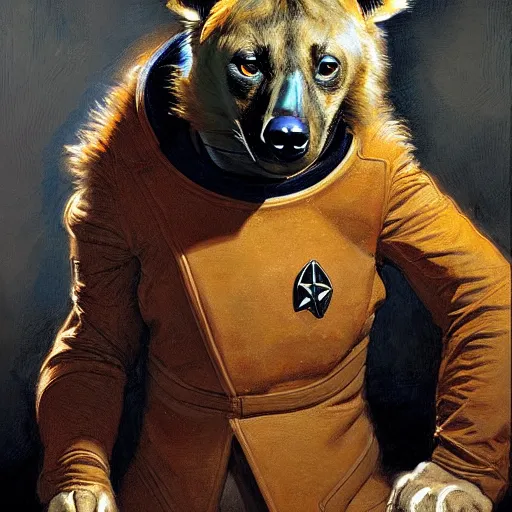 Image similar to a portrait of a hyena dogman canine star trek doctor. highly detailed painting by gaston bussiere, craig mullins, j. c. leyendecker, furry