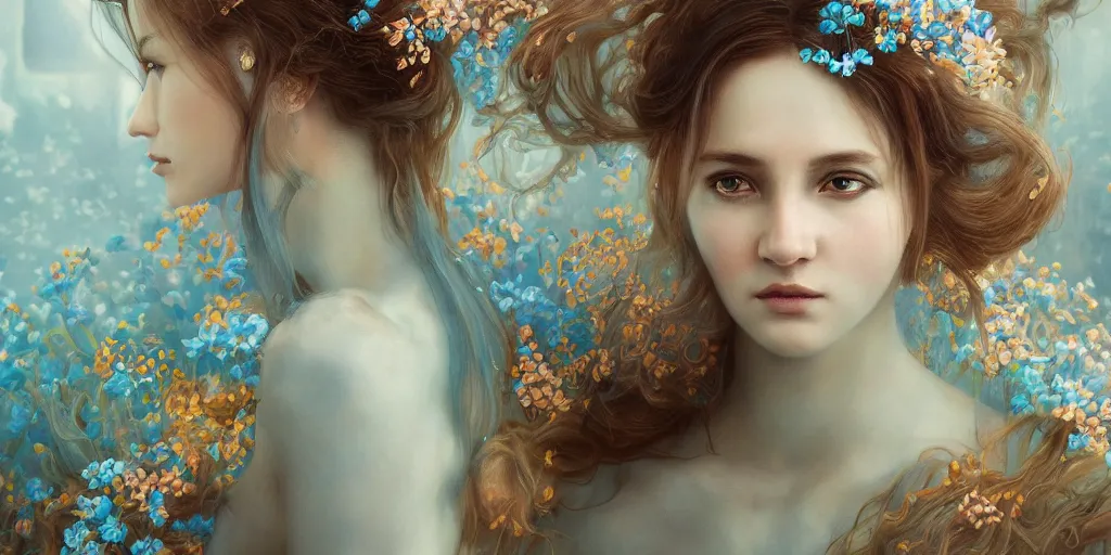 Prompt: breathtaking detailed concept art painting portrait of the hugs goddess of light blue flowers, carroty hair, orthodox saint, with anxious piercing eyes, ornate background, amalgamation of leaves and flowers, by hsiao - ron cheng, extremely moody lighting, 8 k