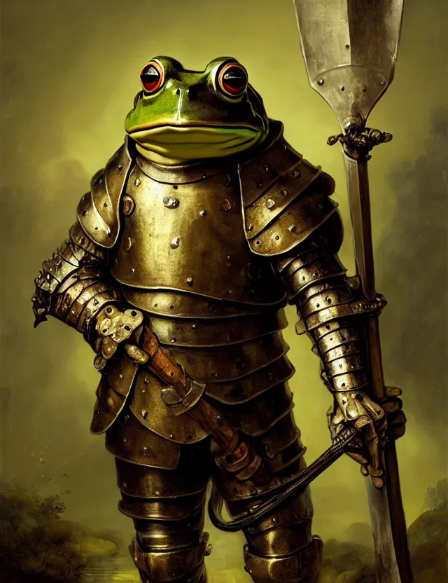 Prompt: anthropomorphic bipedal frog that is wearing full iron plate armor, and holding a longsword in his hand, as a matte oil painting and d & d character art, by rembrandt, standing, fullbody, lots of bubbles, award - winning, extremely detailed, sharp focus