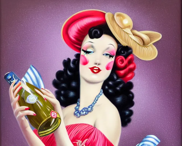 Image similar to a 1 9 3 0 s cancan dancer with a big bottle of champagne in art deco style, nicoletta ceccoli, mark ryden, lostfish, max fleischer, hyper realistic, artstation, illustration, digital paint, matte paint, vivid colors, bright, cheerful, detailed and intricate environment