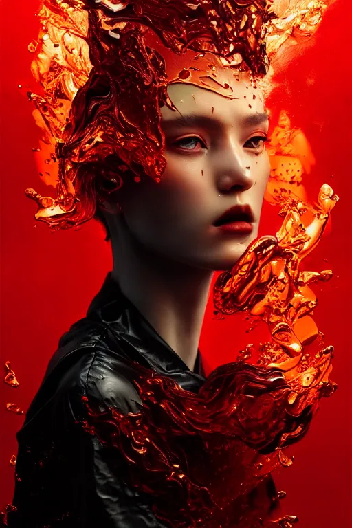 Prompt: 3 d, angry fashion model, flame, liquid black and red water, sun, vogue cover style, poster art, high detail, intricate oil painting, multiple exposure, heaven mood, hyperrealism, 3 d, by tooth wu and wlop and beeple and greg rutkowski