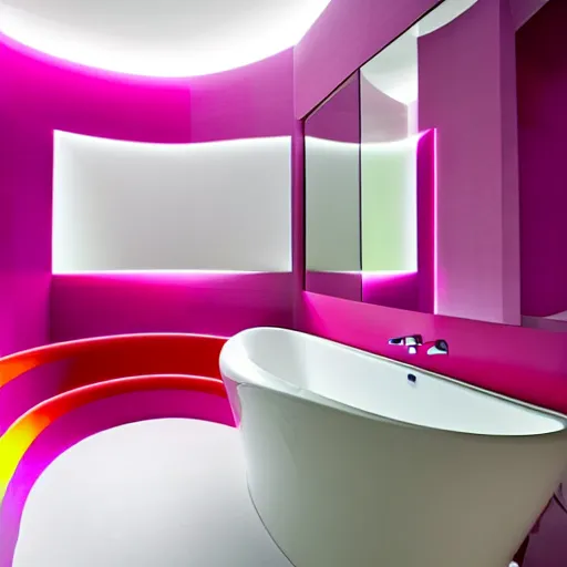 Image similar to a large bathroom, colorful, bright, designed by zaha hadid