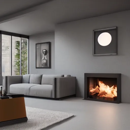 Image similar to cosy fireplace, modern home design interior, living room with couches, octane render, hyperrealistic, concrete archetecture, vray, volumetric lighting, cinema 4 d, unreal engine