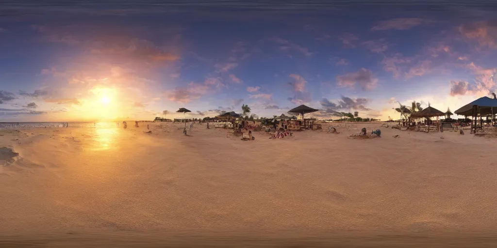 Image similar to 3 6 0 panorama hdr environment map of being on a beach party people music sand light sunset photograph very high detail focus octane render