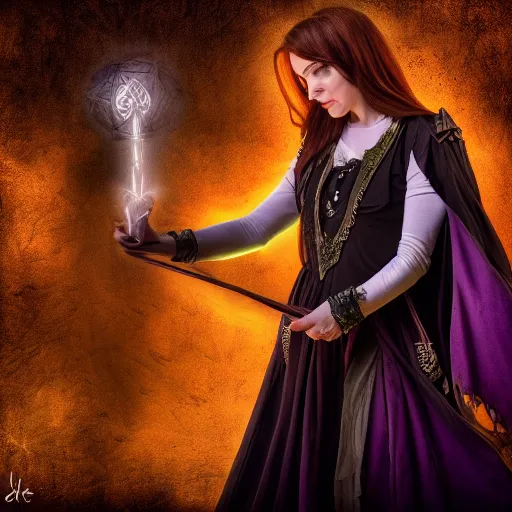 Image similar to female warlock casting magic spell ,fantasy, D&D, HDR, natural light, dynamic pose, award winning photograph, 8k, Mucha style,