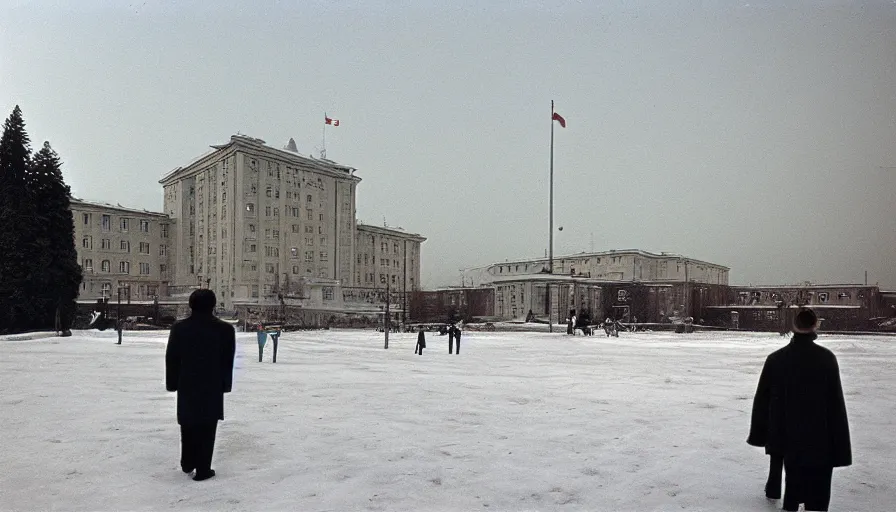 Prompt: 60s movie still of a sovietic museum stalinist style, cinestill 800t 10mm eastmancolor, by Josef Sudek, liminal Space style, heavy grain, high quality, high details, panoramic