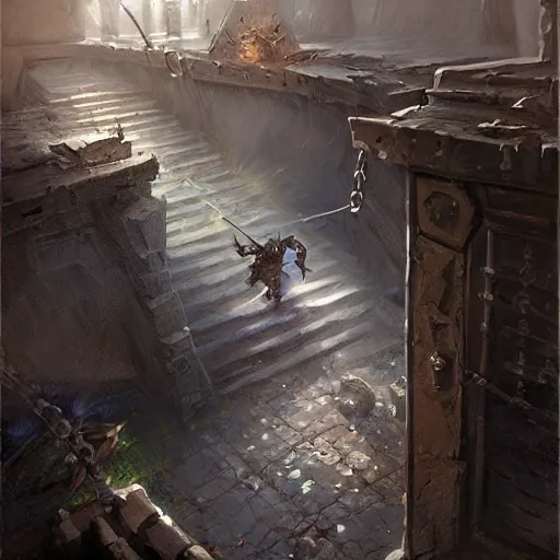 Prompt: a deadly metal trap door, chained trap door, falling warrior, hearthstone art style, epic fantasy style art by Craig Mullins, fantasy epic digital art, epic fantasy card game art by Greg Rutkowski