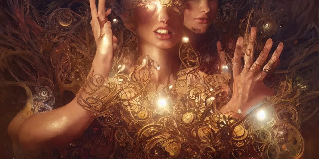 Image similar to too many hands, gnarled, so many hands, fingers, weird amount of hands, intense lighting, light beams, lens flare, intricate, elegant, highly detailed, digital painting, artstation, concept art, smooth, sharp focus, illustration, art by artgerm and greg rutkowski and alphonse mucha