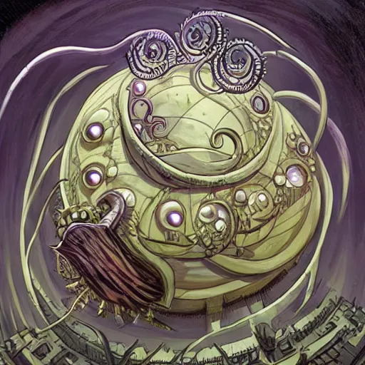 Image similar to a spherical eldritch horror with multiple eyestalks and a large central eye floating in the air above a fantasy medieval city in the style of a beholder from dungeons and dragons