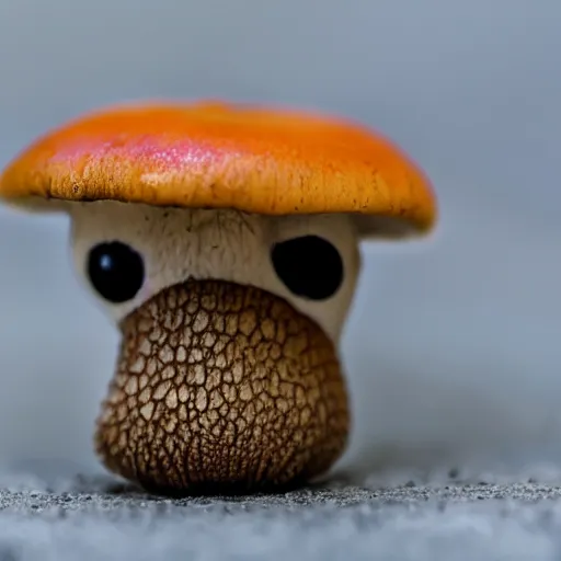 Image similar to macro photo with a mushroom character with cute eyes, drawn in detail