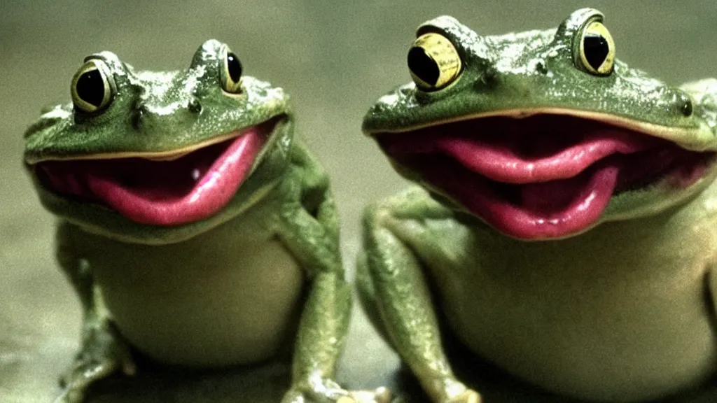 Prompt: an anthropomorphic frog with a mouth full of sharp teeth laughing maniacally, a satanic ritual, by Brian Froud and John Carpenter. Movie screenshot directed by Stephen Spielberg, and cinematography by Roger Deakins. Shot from a low angle. Cinematic.