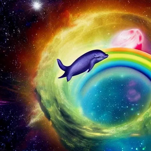 Image similar to a space photograph of a hamster riding a dolphin on a cosmic rainbow