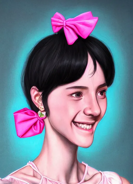 Image similar to portrait of high school girl, realistic, black hair, bangs, half updo hairstyle, pointy nose, skinny, smile, ugly, defined jawline, big chin, pink hair bow, earrings, intricate, elegant, glowing lights, highly detailed, digital painting, artstation, sharp focus, illustration, art by wlop, mars ravelo and greg rutkowski