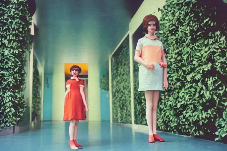 Image similar to giant flower head, girl standing, 1 9 6 0 s architecture, surreal photography, frontal, symmetry, mid century, liminal space, bright colours, wes anderson