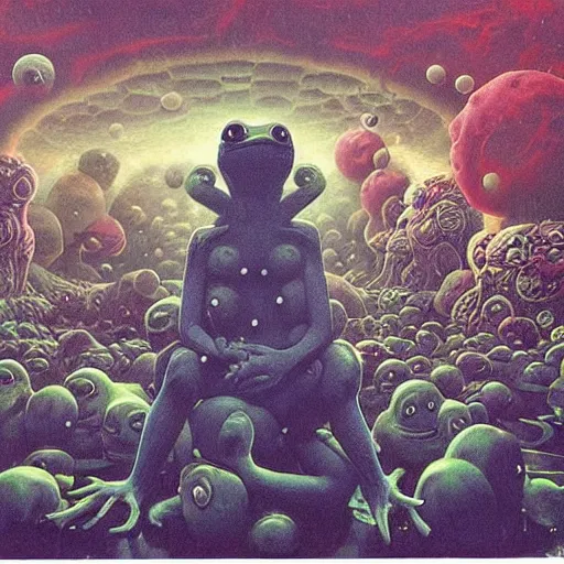 Image similar to pepe the frog being abducting in a mcdonald's, floating dark energy surrounds them. there is one cow in the corner of the room, surrounded by a background of dark cyber mystic alchemical transmutation heavenless realm. highly detailed, vivid color, beksinski painting, part by adrian ghenie and gerhard richter. art by takato yamamoto. masterpiece