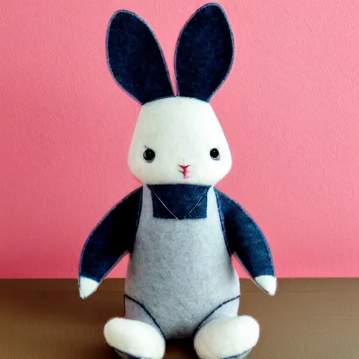 Image similar to a cute elegant felt plush doll of a rabbit wearing dungarees