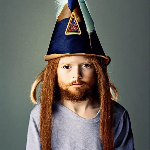 Image similar to photograph of a five year old boy wizard, beard, wizard hat by annie leibovitz, long hair