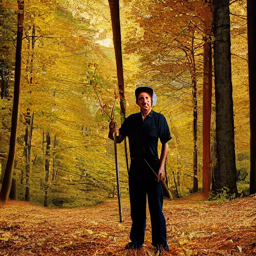 Prompt: closeup portrait of a cleaner with a huge rake in a fall forest, by Steve McCurry and David Lazar, natural light, detailed face, CANON Eos C300, ƒ1.8, 35mm, 8K, medium-format print