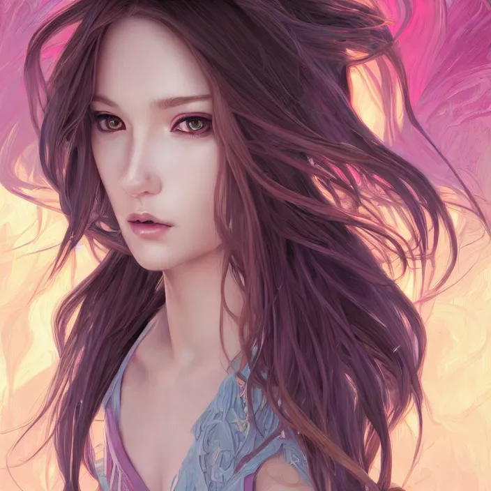 Image similar to portrait of beautiful symmetrical anime girl, rainbow hair, attractive, casual, modern, victoria's secret, highly detailed, digital painting, artstation, concept art, smooth, sharp focus, illustration, art by artgerm, greg rutkowski and alphonse mucha, 8 k,