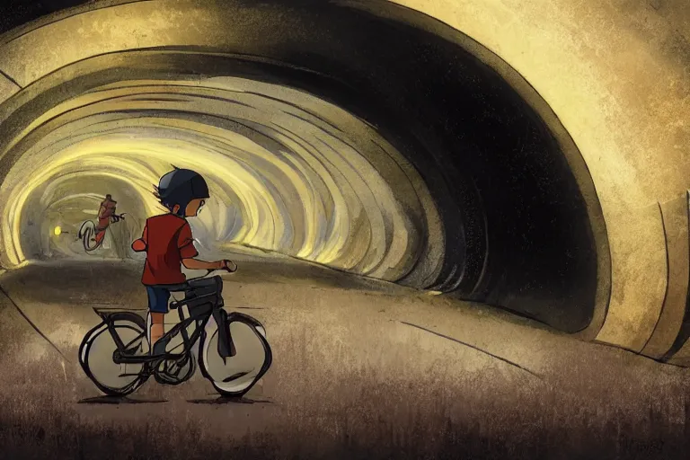 Prompt: a boy riding his bike alone through a long tunnel, high intricate details, rule of thirds, golden ratio, cinematic light, anime style, graphic novel by fiona staples and dustin nguyen, by beaststars and orange, peter elson, alan bean, studio ghibli, makoto shinkai