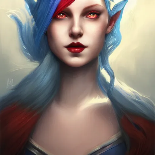 Image similar to A detailed matte oil on canvas head on symmetrical portrait of a distinguished elven woman with red and blue hair on an empty background, by Charlie bowater, Lise Deharme, Wlop, trending on artstationhd, dungeons and dragons art, parted hair , half blue, half red , split dye, critical role