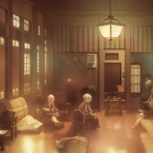 Prompt: interior of the melancholic nursing home, anime fantasy illustration by tomoyuki yamasaki, kyoto studio, madhouse, ufotable, square enix, cinematic lighting, trending on artstation