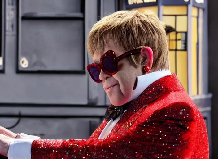 Prompt: a film still of elton john as the new doctor in doctor who