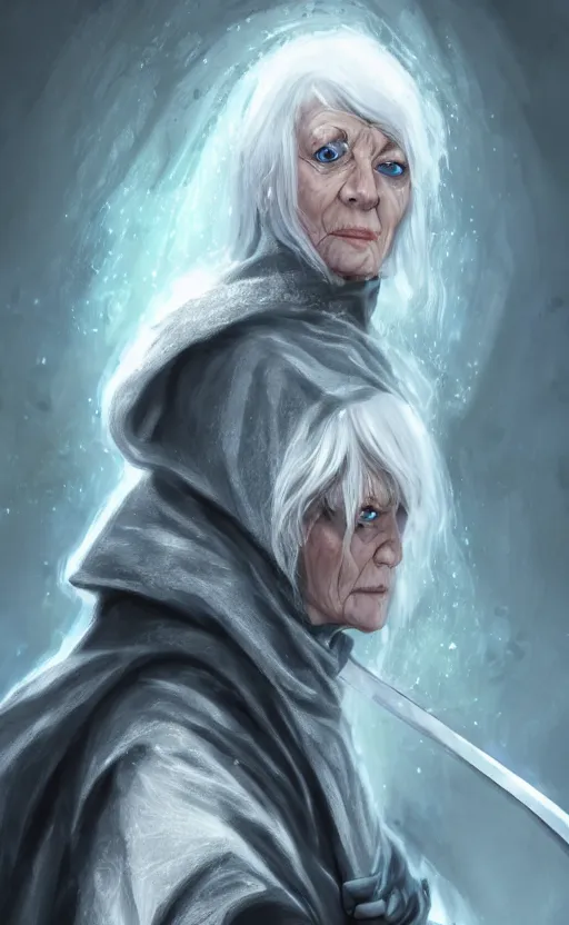 Image similar to an older woman with silver hair and piercing blue eyes. she's wearing a dark, hooded cloak and looks like she knows her way around a sword, dynamic lighting, photorealistic fantasy concept art, trending on art station, stunning visuals, creative, cinematic, ultra detailed