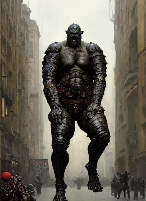 Prompt: full body portrait of martyn ford as huge towering bipedal horror demon with bulbous torso wearing armour walks down city street, people flee, painted by ruan jia, raymond swanland, lawrence alma tadema, zdzislaw beksinski, norman rockwell, jack kirby, tom lovell, alex malveda, greg staples