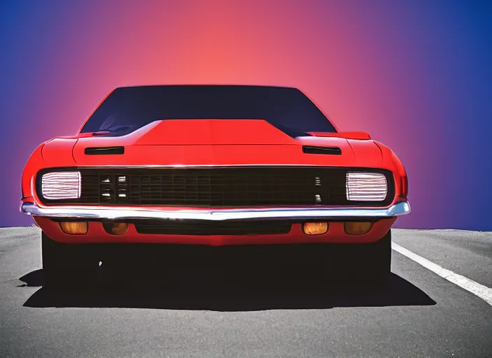 Image similar to retro wave picture of a black camaro mach 1, red and blue reflections, backlit, soft focus