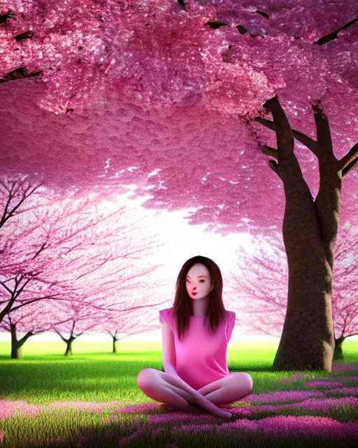 Image similar to a girl sitting in a cherry blossom tree, octane render, 3 d, 8 k