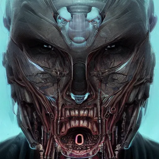 Image similar to surreal portrait by Greg Rutkowski, symmetrical face, biomechanical transhuman god, disturbing, terrifying but fascinating, with a determined and sinister expression on his face, cosmic void background, frightening, fascinating, highly detailed portrait, digital painting, book cover, artstation, concept art, smooth, sharp foccus ilustration, Artstation HQ