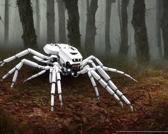 Prompt: photo of a giant huge white terminator spider with heavy duty biomechanical hydraulic cybernetic body with antennas and visor cogs and gears and components in the forest. cyberpunk horror style. highly detailed 8 k. intricate. nikon d 8 5 0 5 5 mm. award winning photography. art by zdzislaw beksinski