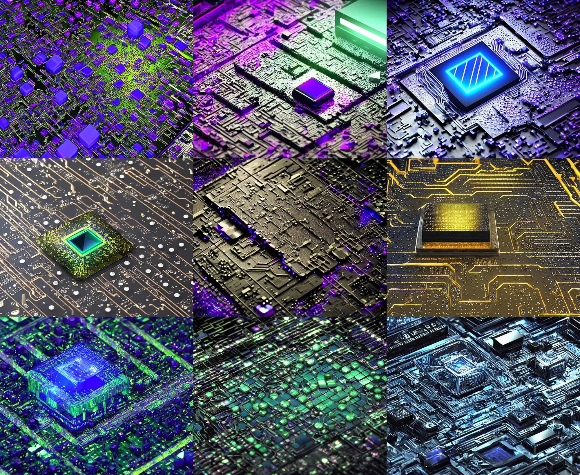 Prompt: armor of circuit board processor block, 3 d ray - traced photorealistic concept render, moody beautiful colors, futuristic, squares, crystal nodes, sleek, shiny, high angle shot with sharp realistic intricate detail, iridescent glowing chips, black 3 d cuboid device, modular graphene, futuristic colorful precious metals, treasure artifact, bismuth, titanium