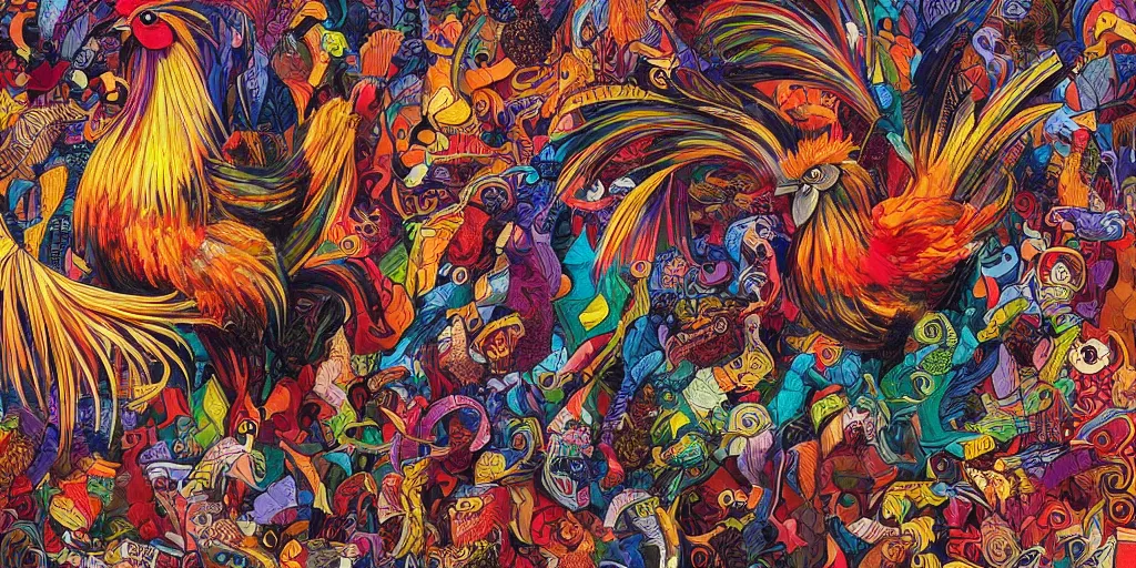 Prompt: colorful illustration of a million fighting roosters, mix of styles, collage of styles, abstract, surreal, intricate, highly detailed, dark color scheme, golden ratio