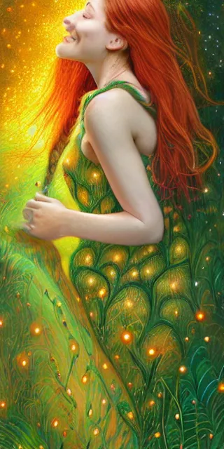 Image similar to infp young woman, smiling amazed, golden fireflies lights, sitting in the midst of nature fully covered, long loose red hair, intricate linework, bright accurate green eyes, small nose with freckles, oval shape face, realistic, expressive emotions, dramatic lights spiritual scene, hyper realistic ultrafine art by michael cheval, jessica rossier, boris vallejo