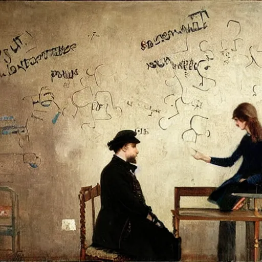 Image similar to a young man and a young woman solving an escape room puzzle, mysterious markings on the wall, by alfred stevens