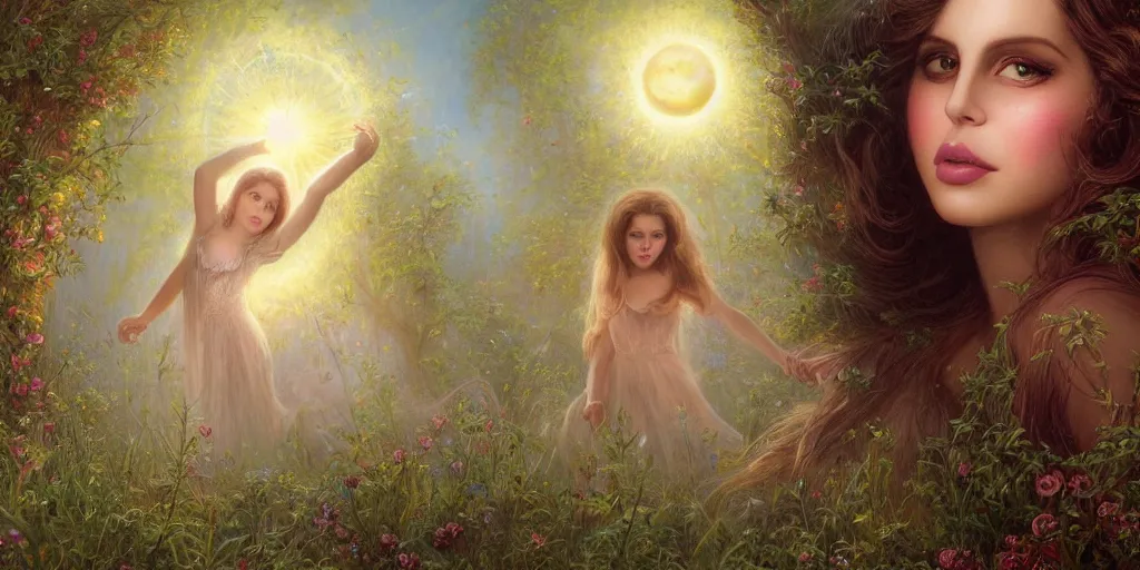 Image similar to big-eyed Lana Del Rey staring into the camera, sundown misty firefly wisps, Lilia Alvarado, Sophie Anderson, Mark Arian, Bob Byerley, Charlie Bowater, Mark Brooks, Steve Henderson, Justin Gerard, Arthur Hughes, Edward Robert Hughes, Mark Keathley, Victor Nizovtsev, Carlos Shwabe, Ross Tran, WLOP
