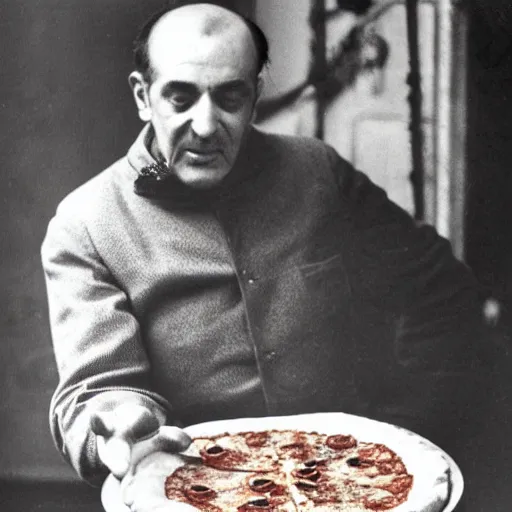 Prompt: Antonino Cannavacciuolo rotating a pizza on his index finger