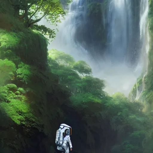 Image similar to an astronaut in a front of a large waterfall in a tropical forest, trending on artstation, masterpiece by greg rutkowski by ross tran by fenghua zho