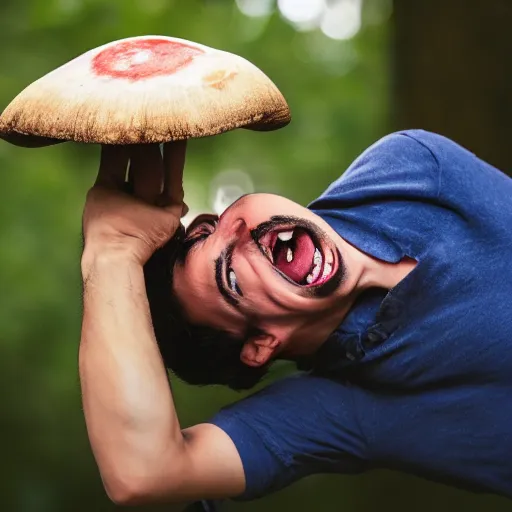 Prompt: photo of mario finding a giant mushroom, exhilarated, portrait, closeup. mouth open, 30mm, bokeh