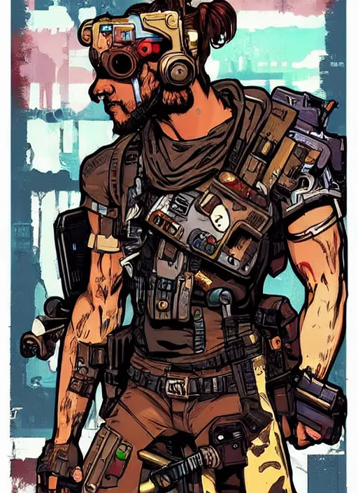 Image similar to buff cyberpunk mercenary. portrait illustration, pop art, splash painting, art by ashley wood, alphonse mucha, laurie greasley and josan gonzales ( apex legends )