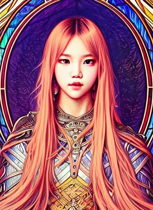 Prompt: lalisa manoban of blackpink, medieval armor, tarot card, highly detailed, digital painting, smooth, sharp focus, illustration, ultra realistic, 8 k, art by artgerm and alphonse mucha