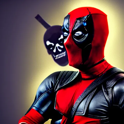 Image similar to Death drinking from deadpool\'s skull with deadpool laughing, 8k, cgsociety