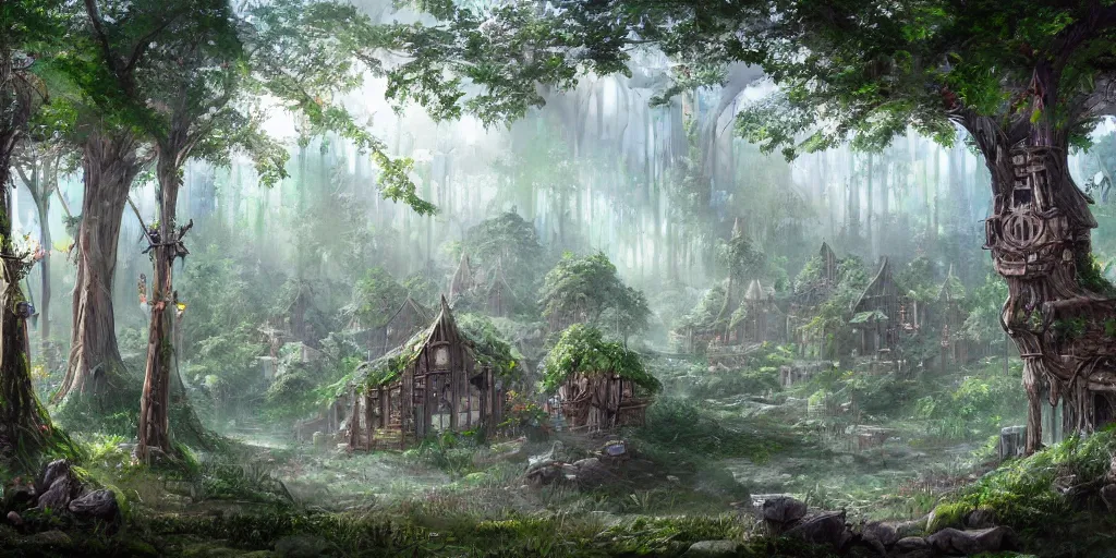 Prompt: A forest village covered in glass, high quality fantasy art, 4k
