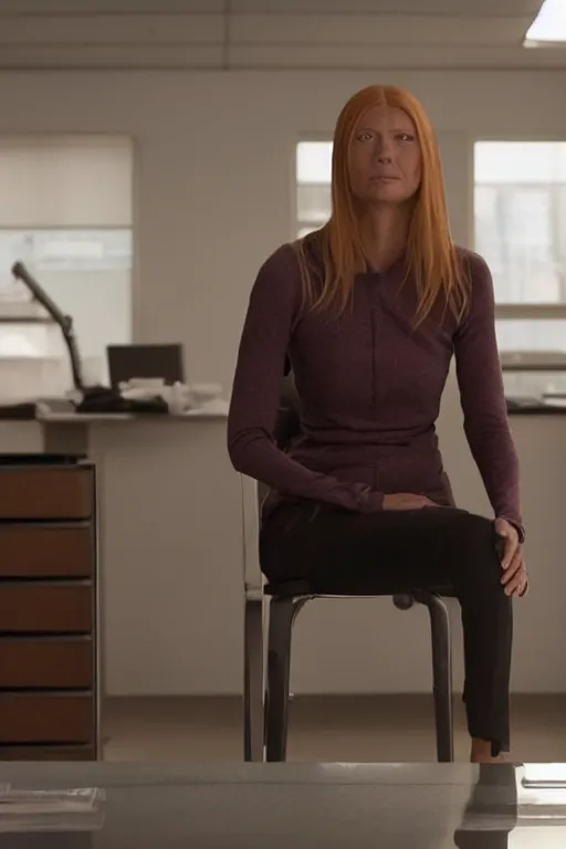 Prompt: pepper potts, ceo of stark industries, sinks into her chair, desolate, her once - spotless office now covered in dust. she sobs. screenshot from the mcu, ambient lighting, 8 k, as played by gwyneth paltrow