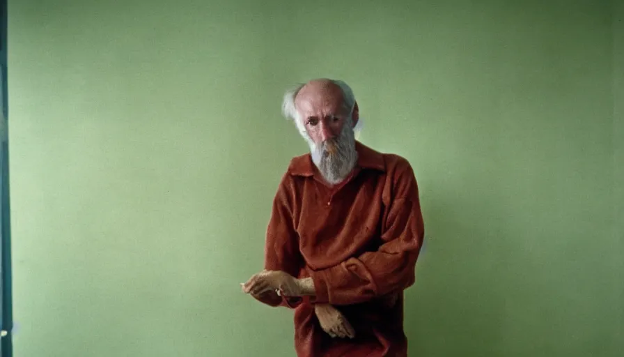 Image similar to 70s movie still of a ill skinny old man with meat clothes in a green wall hospital, eastmancolor, heavy grain, high quality, higly detailed, liminal space