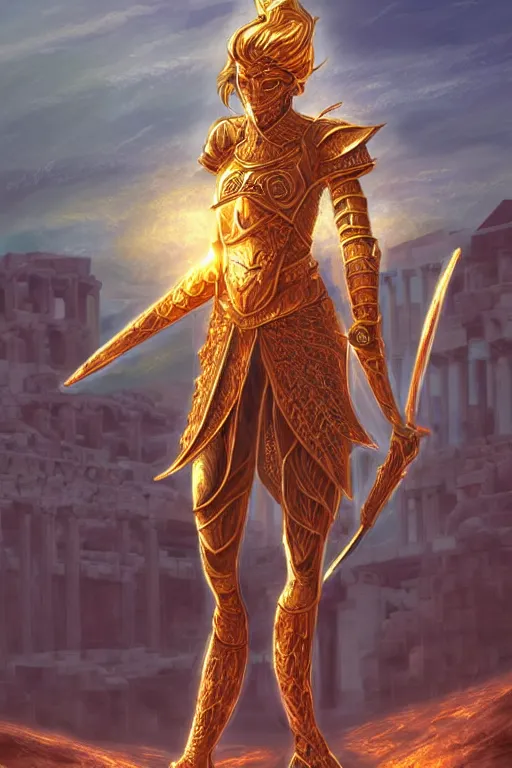 Image similar to portrait knights of zodiac girl, golden and copper reflected armor, karate pose, in ruined agora of athens sunrise, ssci - fi and fantasy, intricate and very very beautiful and elegant, highly detailed, digital painting, artstation, concept art, smooth and sharp focus, illustration, art by z - - ed deviantart