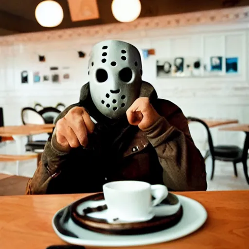 Image similar to photograph of jason voorhees having a coffee at an european caffé